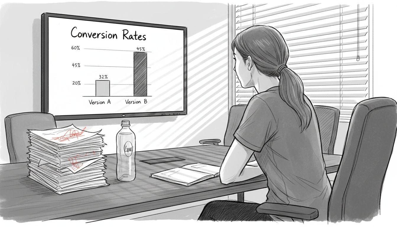 Woman views AI A/B test results on monitor