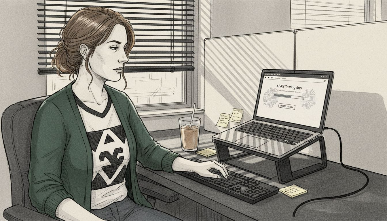 Woman installing AI A/B testing tool at desk